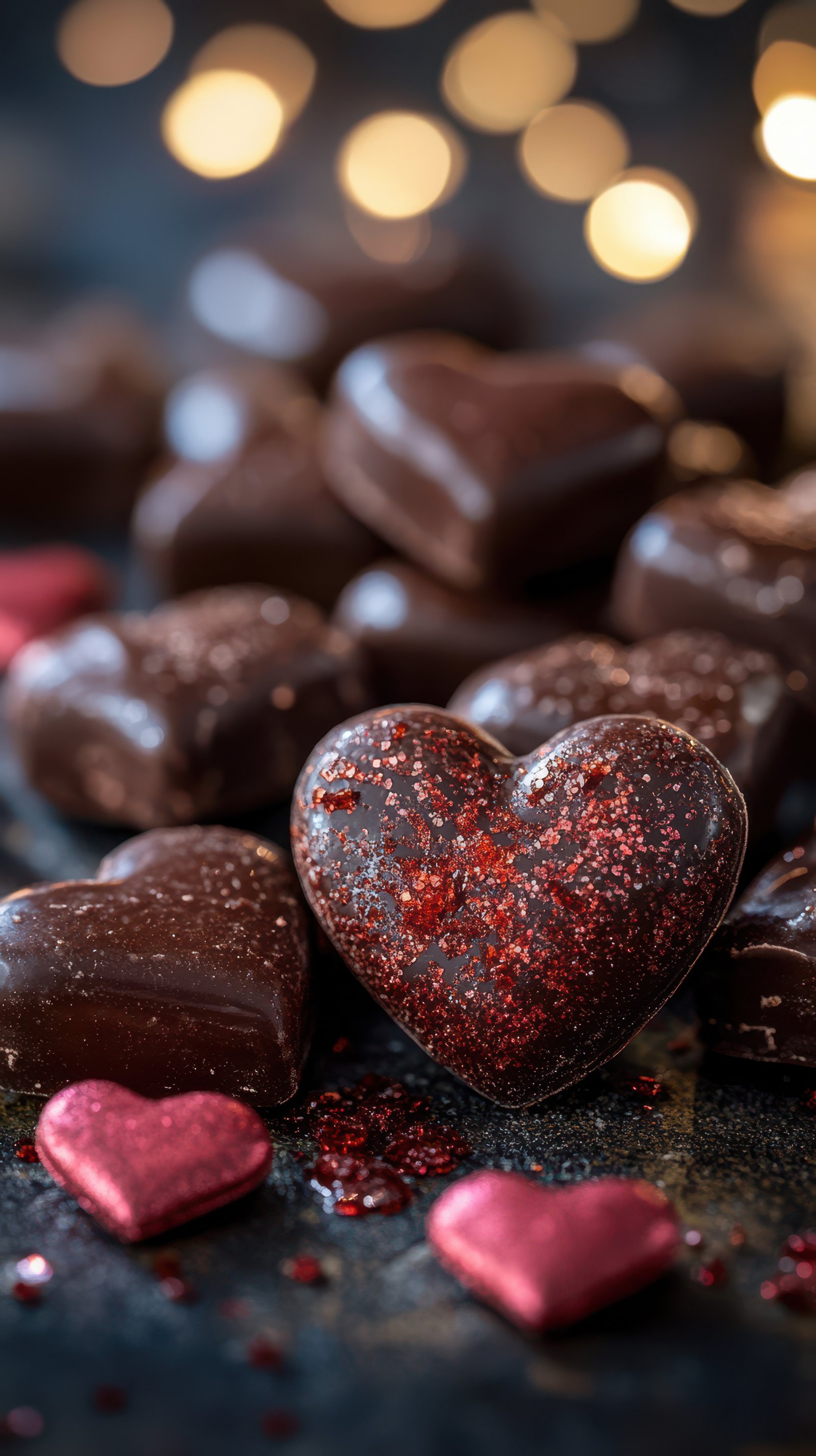 Delicious dark chocolate hearts adorned with shimmering red glitter for a romantic celebration
